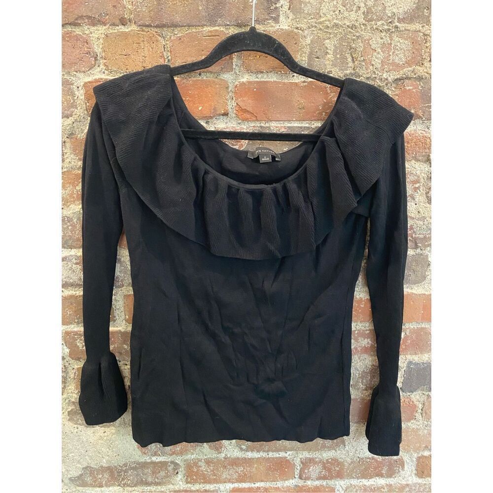 Ann Taylor Classic Black 3/4 Bell Ruffle Sleeve, Scoop Boat Neck Ruffle Neckline